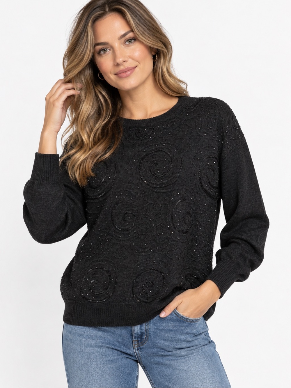 Dana Scott 60% silk Black beaded Spiral-Detail Crewneck Sweater M